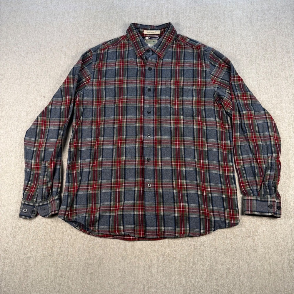 L.L. Bean Flannel Shirt Mens M Blue Red Plaid Long Sleeve Traditional Fit